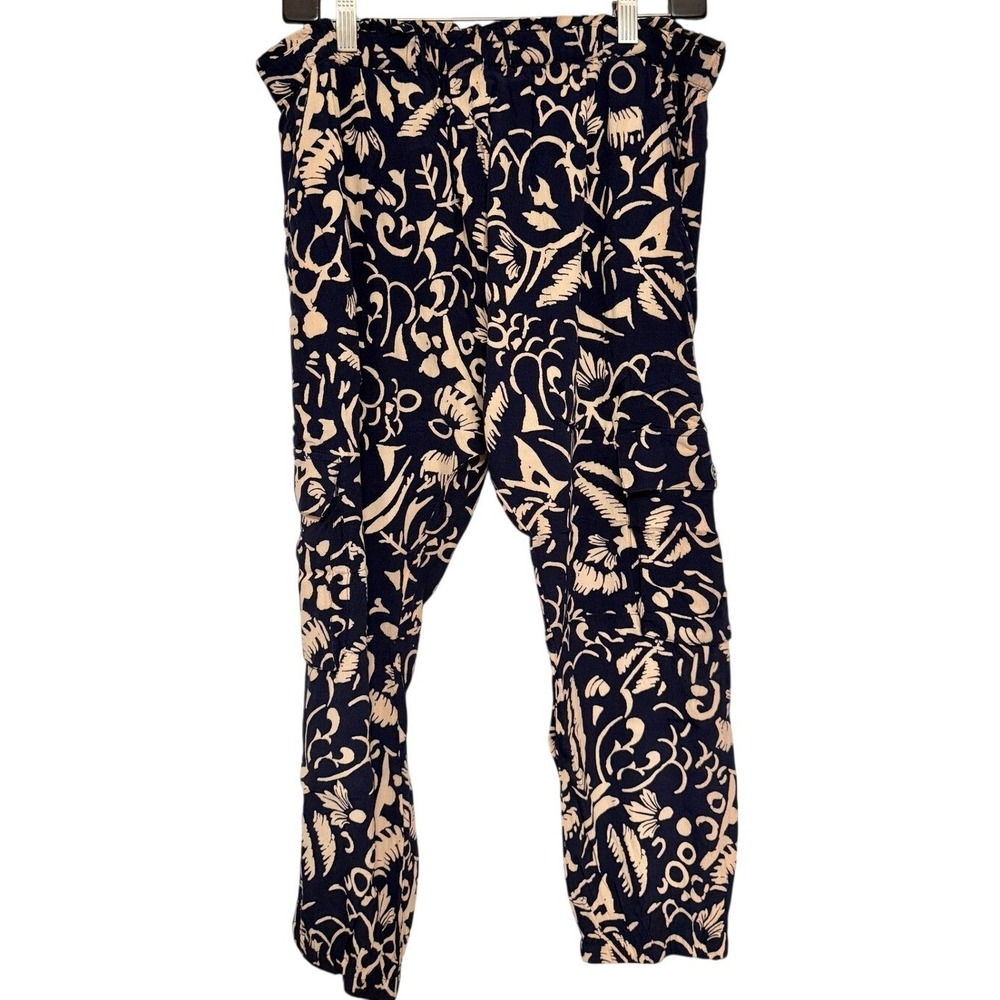 Navy Tan Botanical Floral Cargo Pants Tapered Leg Boho Utility